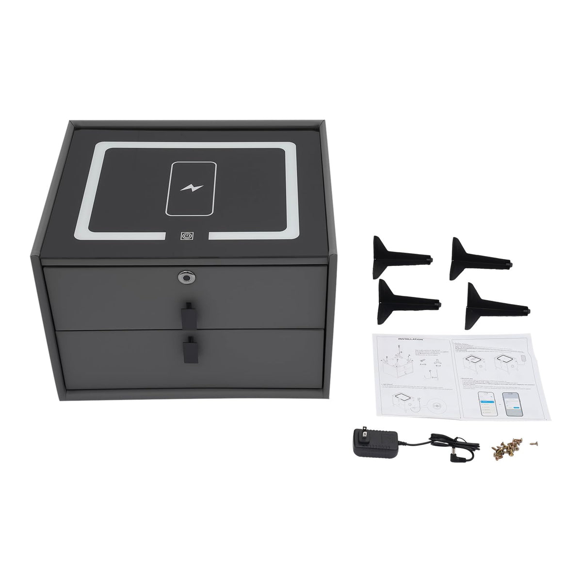 Nightstand with Charging Station, 2 Drawers, Fingerprint Lock, LED Light I398