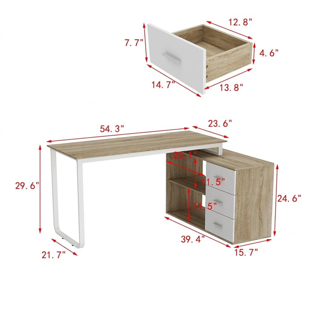 54 Inch Walnut and White L-Shaped Corner Desk with 3 Drawers and 2 Shelves B187