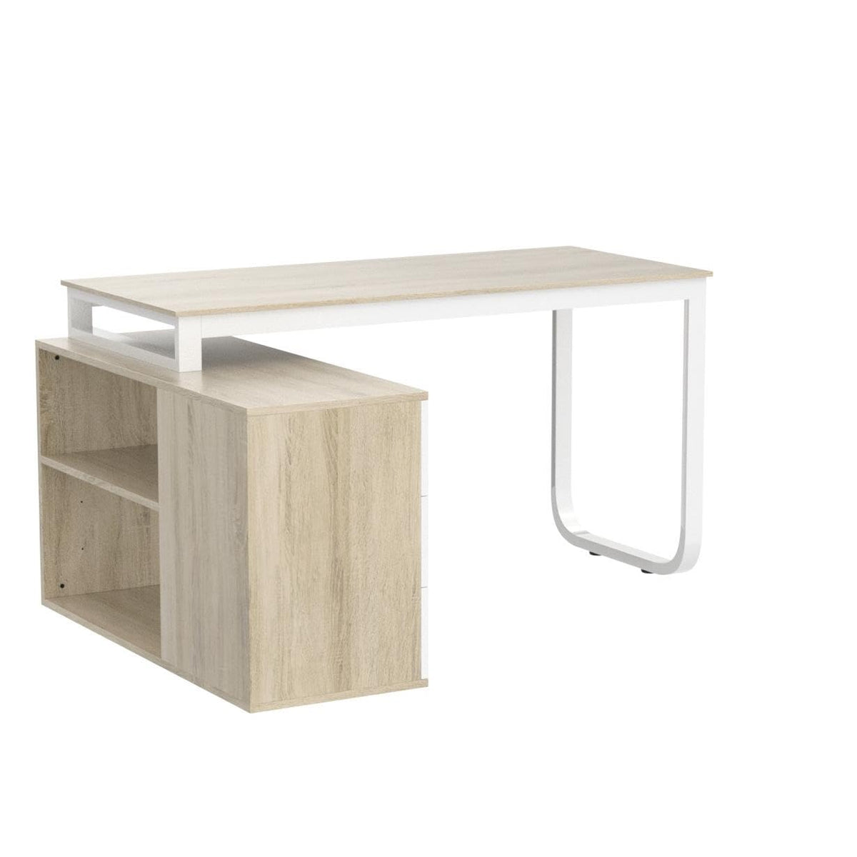 54 Inch Walnut and White L-Shaped Corner Desk with 3 Drawers and 2 Shelves B187