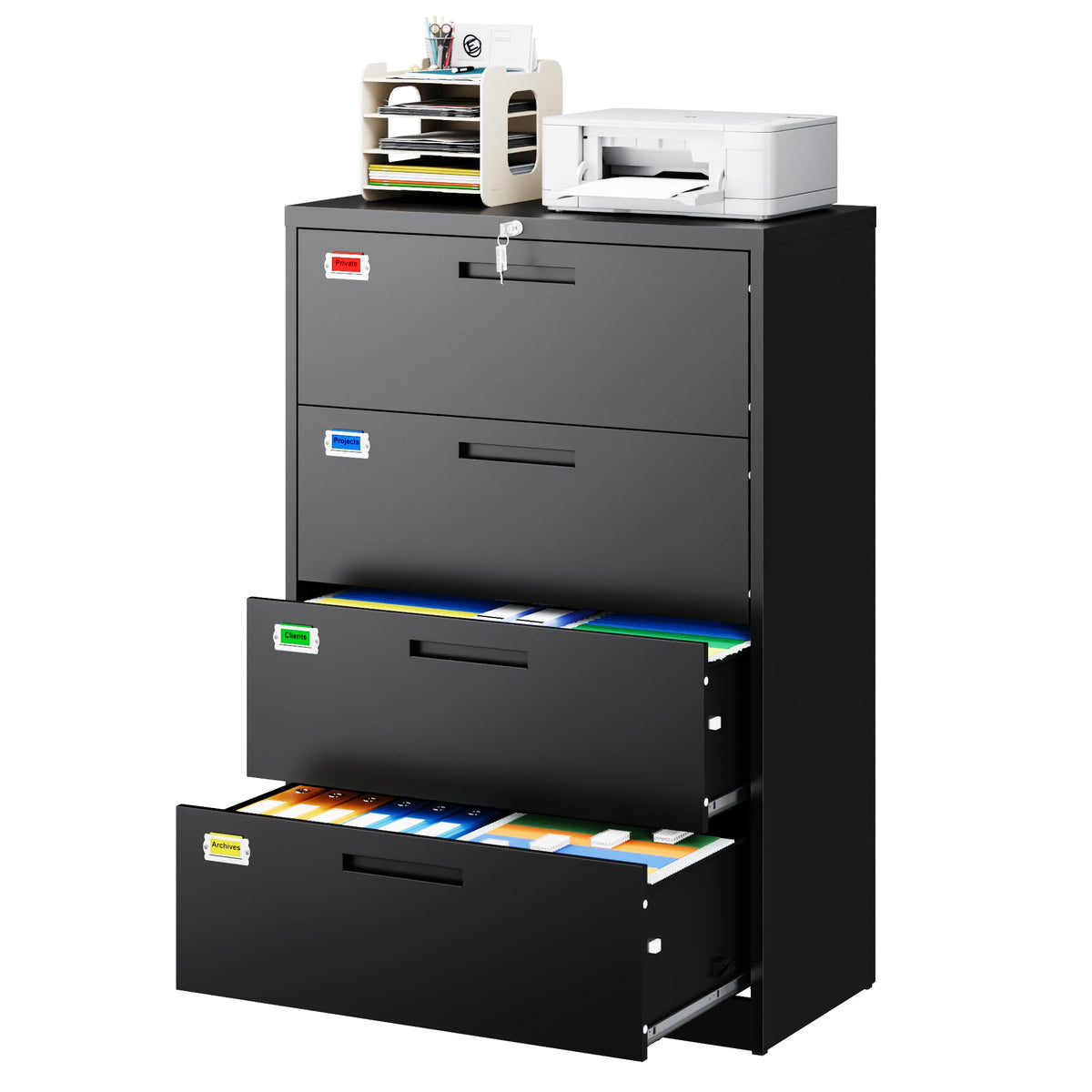 4 Drawer File Cabinet with Lock, Black V1563