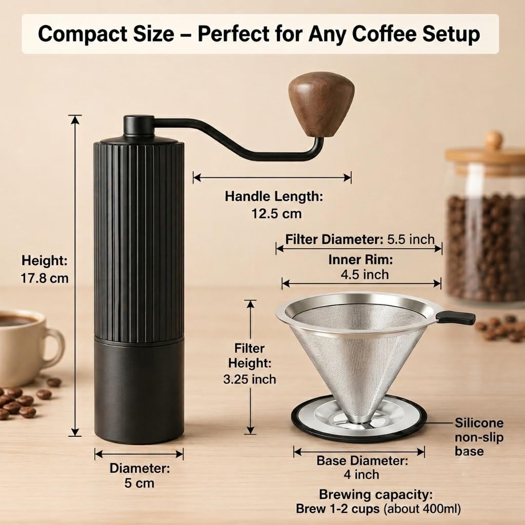 Manual Coffee Grinder with Strainer & Brush, Adjustable Stainless Steel Burr, 30g Hand Crank Coffee Mill, Aluminum Body & Walnut Handle C6901