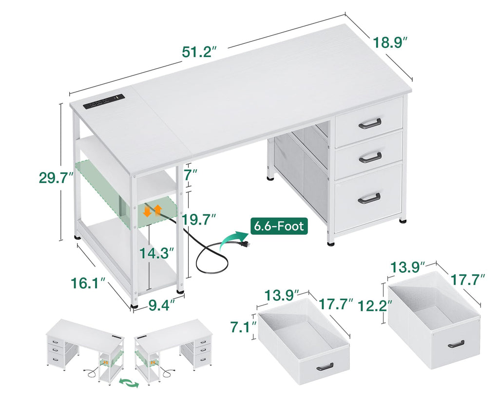 51 Inch White Computer Desk with Drawers V406294