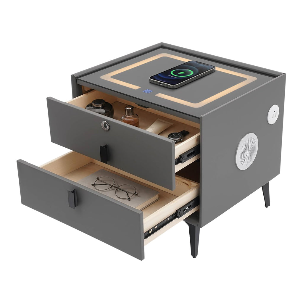 Nightstand with Charging Station, 2 Drawers, Fingerprint Lock, LED Light I398