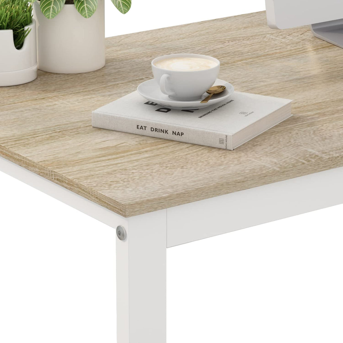 54 Inch Walnut and White L-Shaped Corner Desk with 3 Drawers and 2 Shelves B187