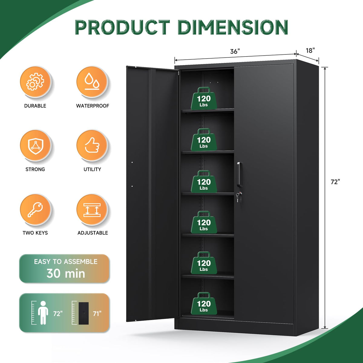 Metal Garage Storage Cabinets with Lock, 72 Tall Steel Lockers, 5 Adjustable Shelves, Black V1871