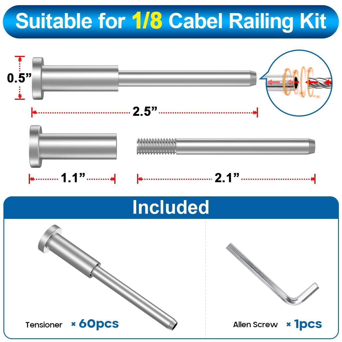60 Pack T316 Stainless Steel 1/8" Cable Railing Kit E8103