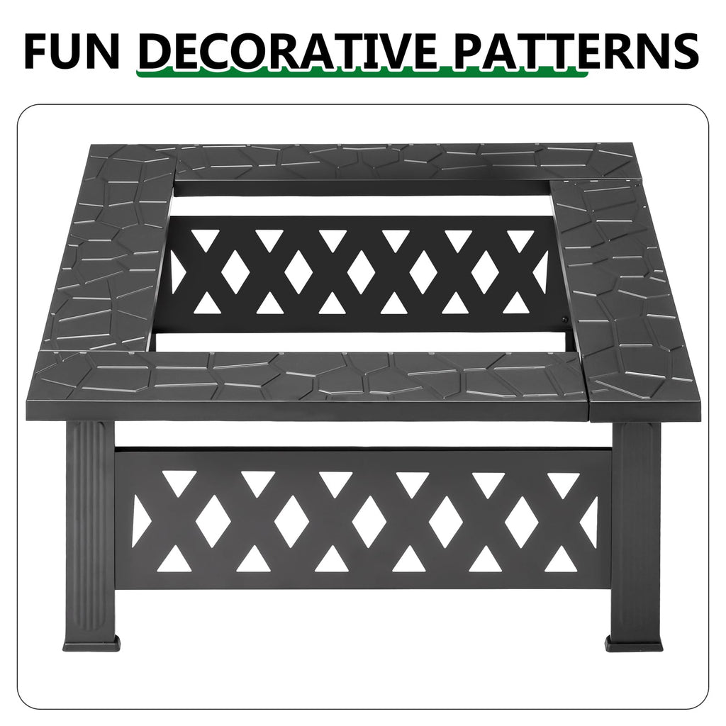 32 Inch Square Wood Burning Fire Pit Table with Spark Screen Lid and Fire Poker R170