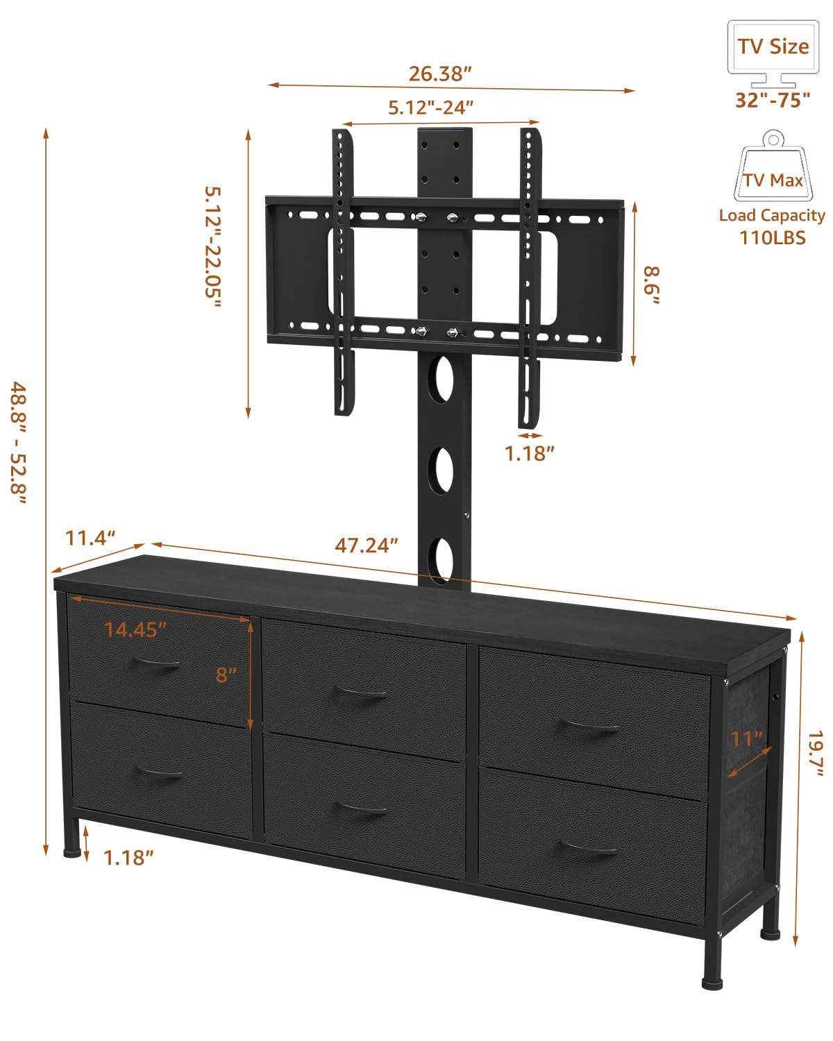 Black 6 Drawer TV Stand with Mount X161703