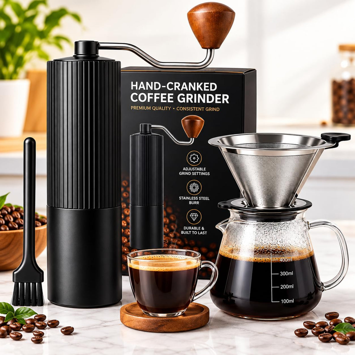 Manual Coffee Grinder with Strainer & Brush, Adjustable Stainless Steel Burr, 30g Hand Crank Coffee Mill, Aluminum Body & Walnut Handle C6901