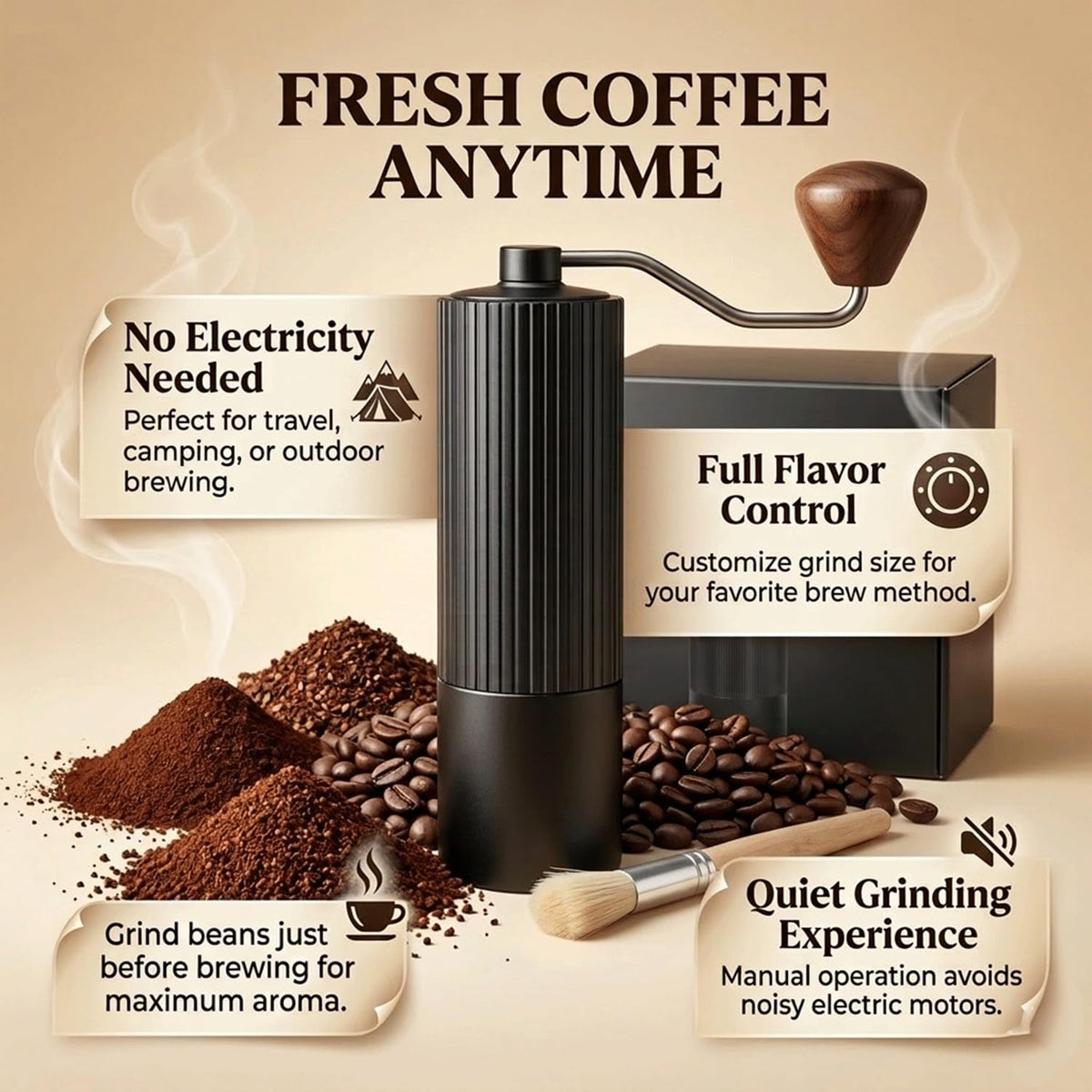 Manual Coffee Grinder with Strainer & Brush, Adjustable Stainless Steel Burr, 30g Hand Crank Coffee Mill, Aluminum Body & Walnut Handle C6901