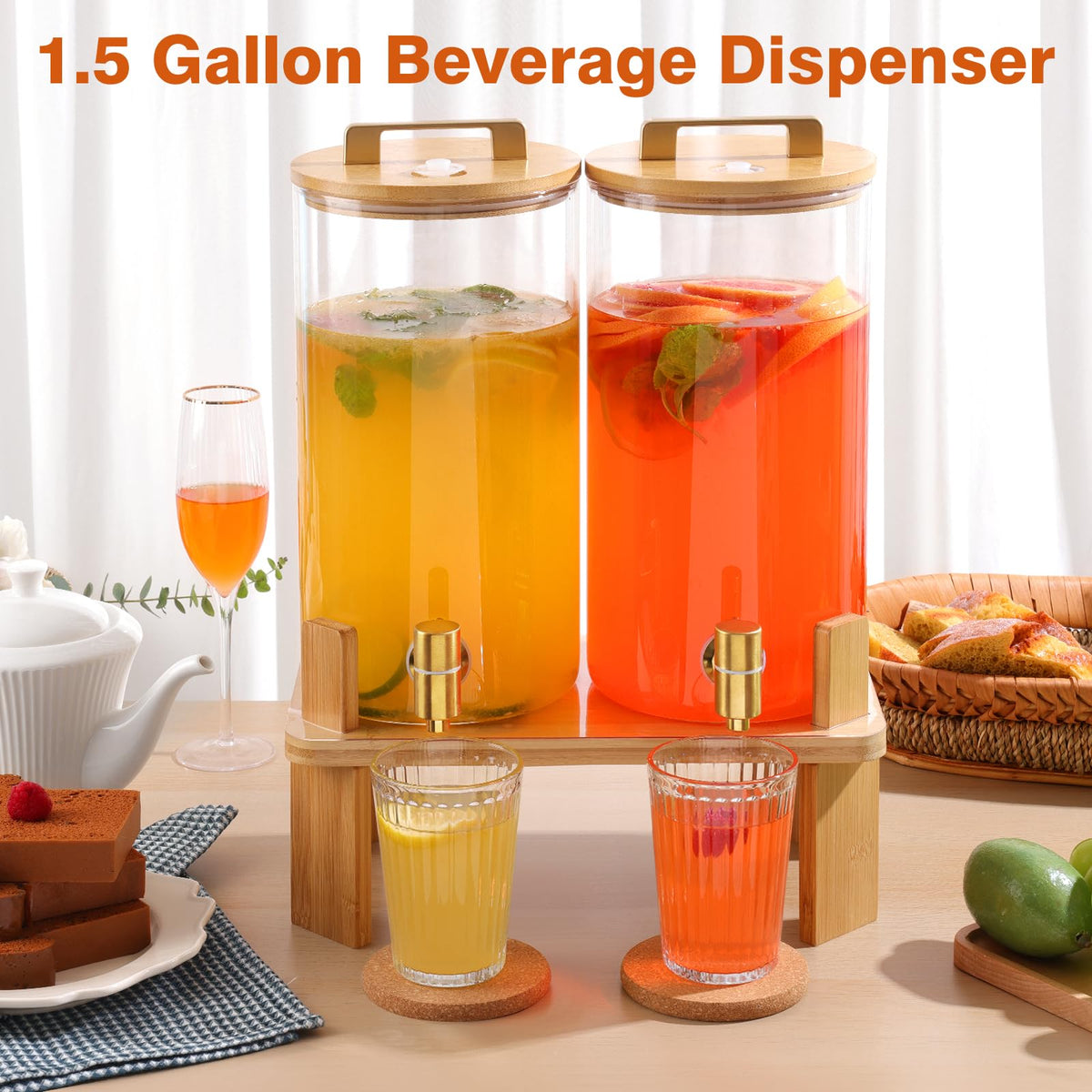 1.5 Gallon 2 Pack Glass Beverage Dispenser with Wood Stand and Spigot Y625