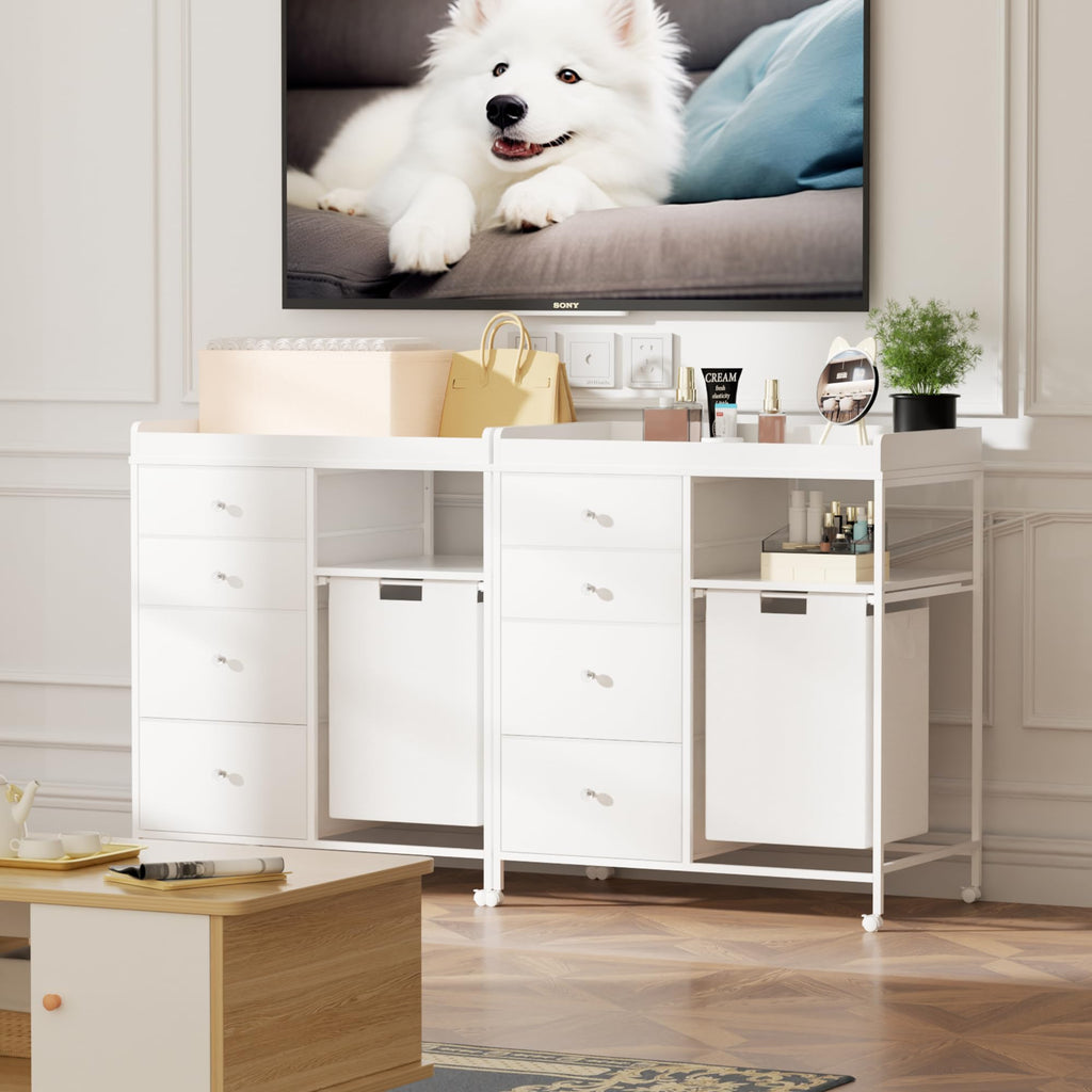 White 4 Drawer Changing Station Dresser with Laundry Hamper X37608