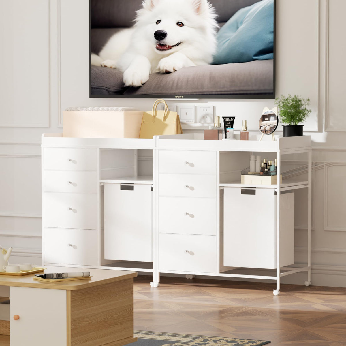 White 4 Drawer Changing Station Dresser with Laundry Hamper X37608