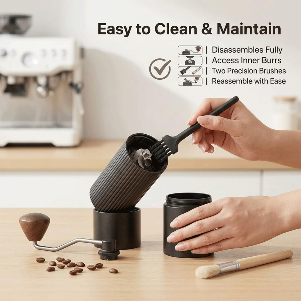 Manual Coffee Grinder with Strainer & Brush, Adjustable Stainless Steel Burr, 30g Hand Crank Coffee Mill, Aluminum Body & Walnut Handle C6901