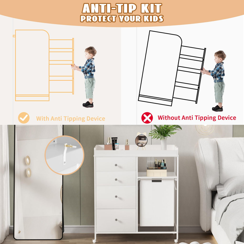 White 4 Drawer Changing Station Dresser with Laundry Hamper X37608