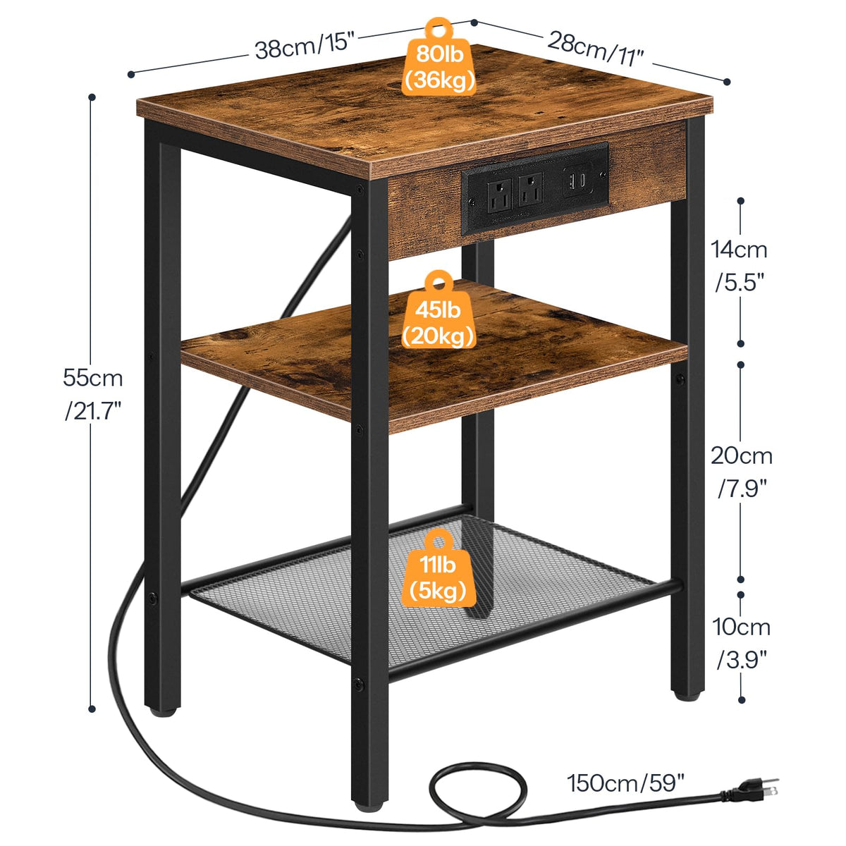 Side Table with Charging Station and USB Port, 3-Tier Nightstand with Adjustable Shelf, Rustic Brown Z11760