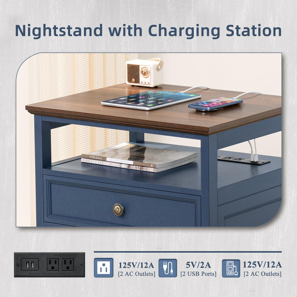 Blue 2 Drawer Wood Nightstand C27591