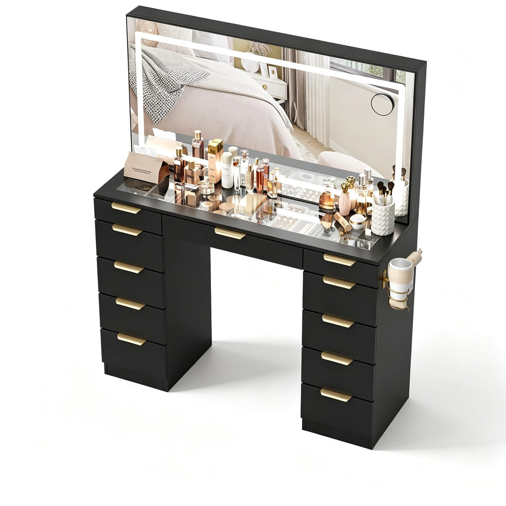 Glass Top Vanity Desk with Mirror and Lights, 11 Drawers Makeup Vanity with Stool T454