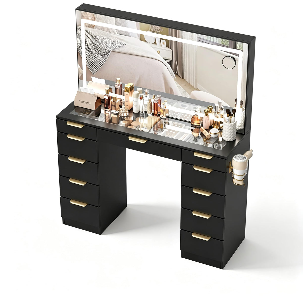 Glass Top Vanity Desk with Mirror and Lights, 11 Drawers Makeup Vanity with Stool T454