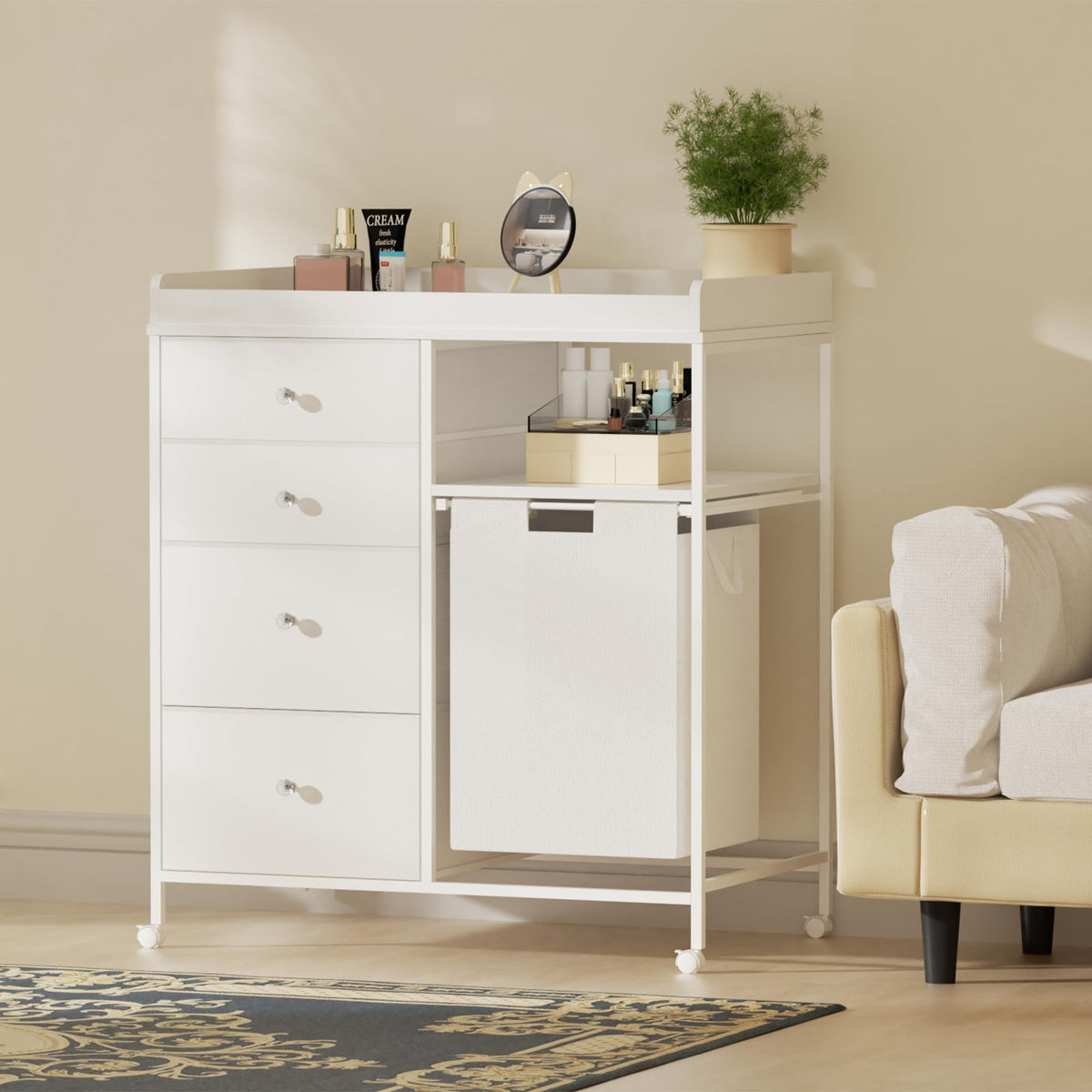 White 4 Drawer Changing Station Dresser with Laundry Hamper X37608