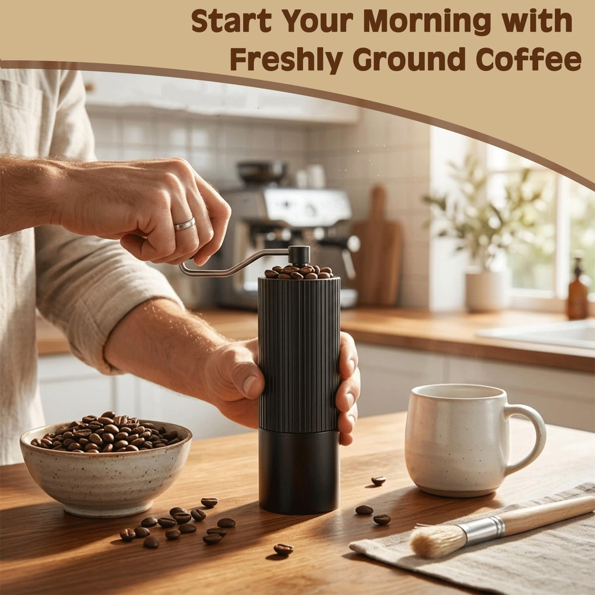 Manual Coffee Grinder with Strainer & Brush, Adjustable Stainless Steel Burr, 30g Hand Crank Coffee Mill, Aluminum Body & Walnut Handle C6901