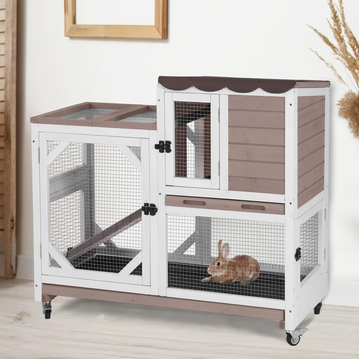 2 Story Wood Rabbit Hutch with Wheels M950