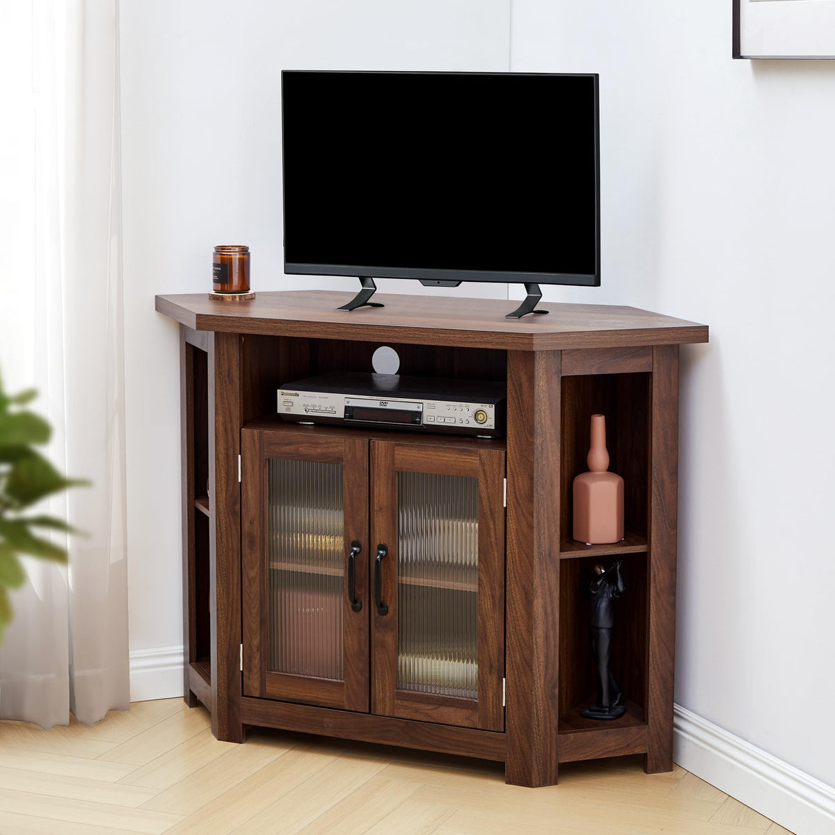 Corner TV Stand for TVs up to 48 Inch with Storage Shelves and 2 Doors N28191