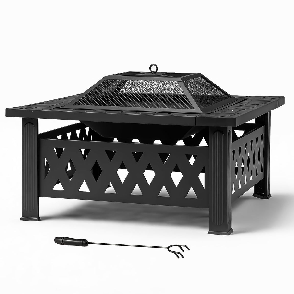 32 Inch Square Wood Burning Fire Pit Table with Spark Screen Lid and Fire Poker R170