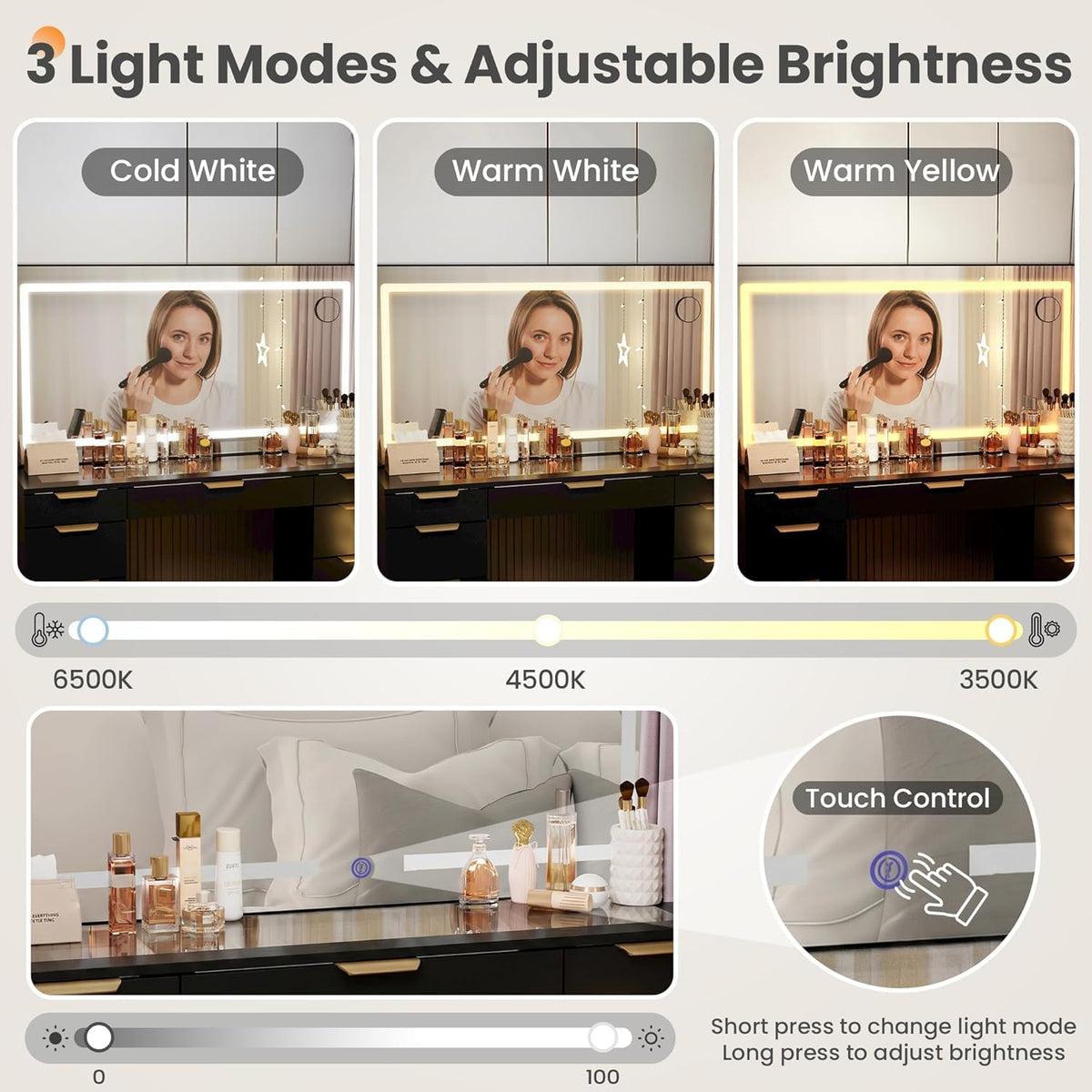 Glass Top Vanity Desk with Mirror and Lights, 11 Drawers Makeup Vanity with Stool T454