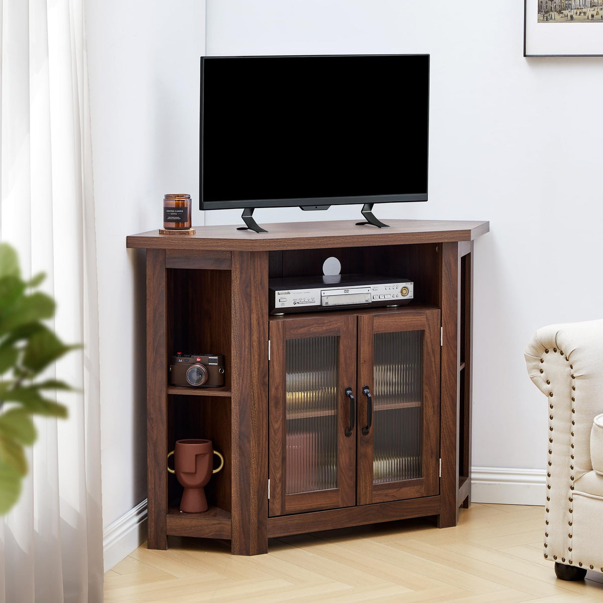 Corner TV Stand for TVs up to 48 Inch with Storage Shelves and 2 Doors N28191