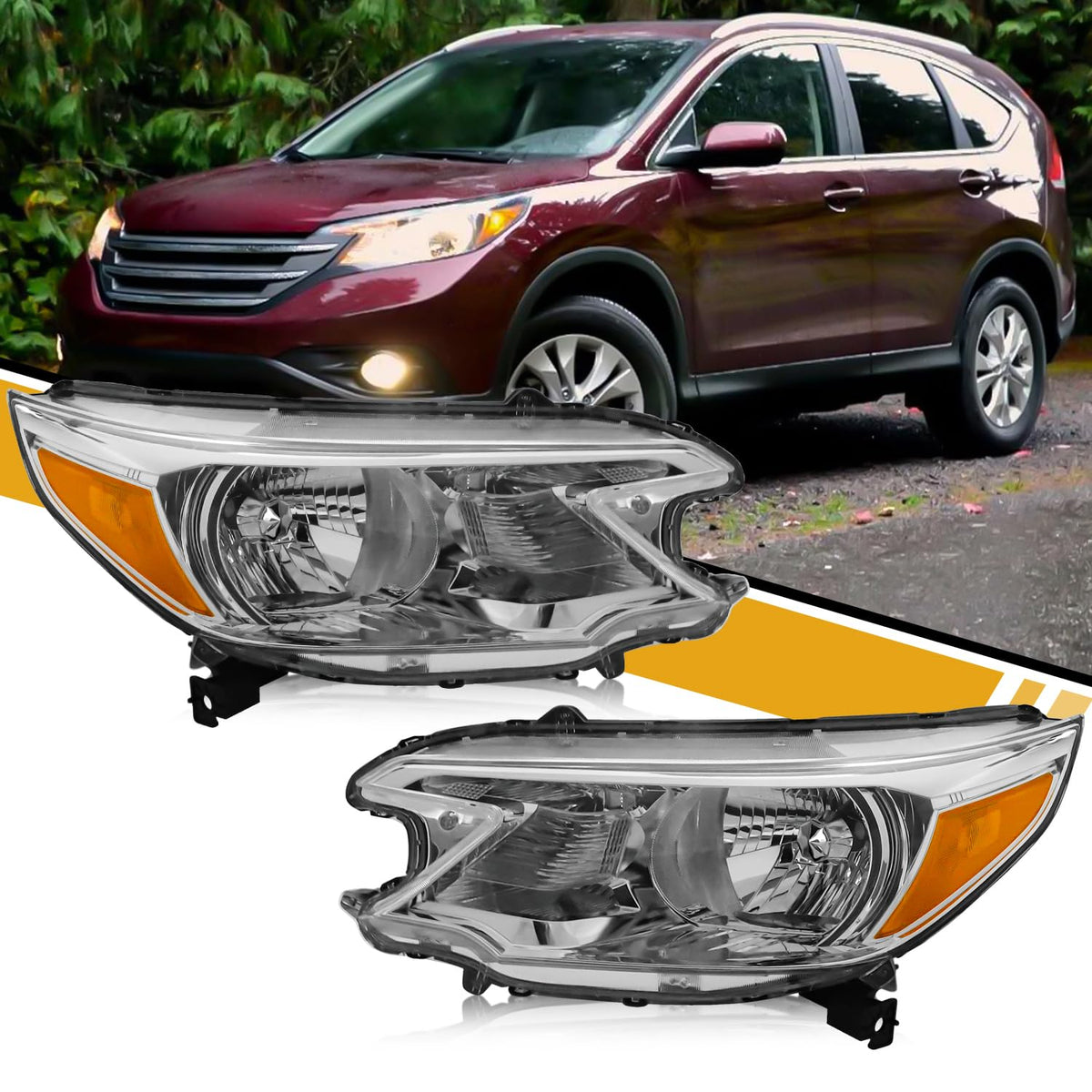 Halogen Headlight Assembly Pair Set Chrome Housing Amber Reflector K375000