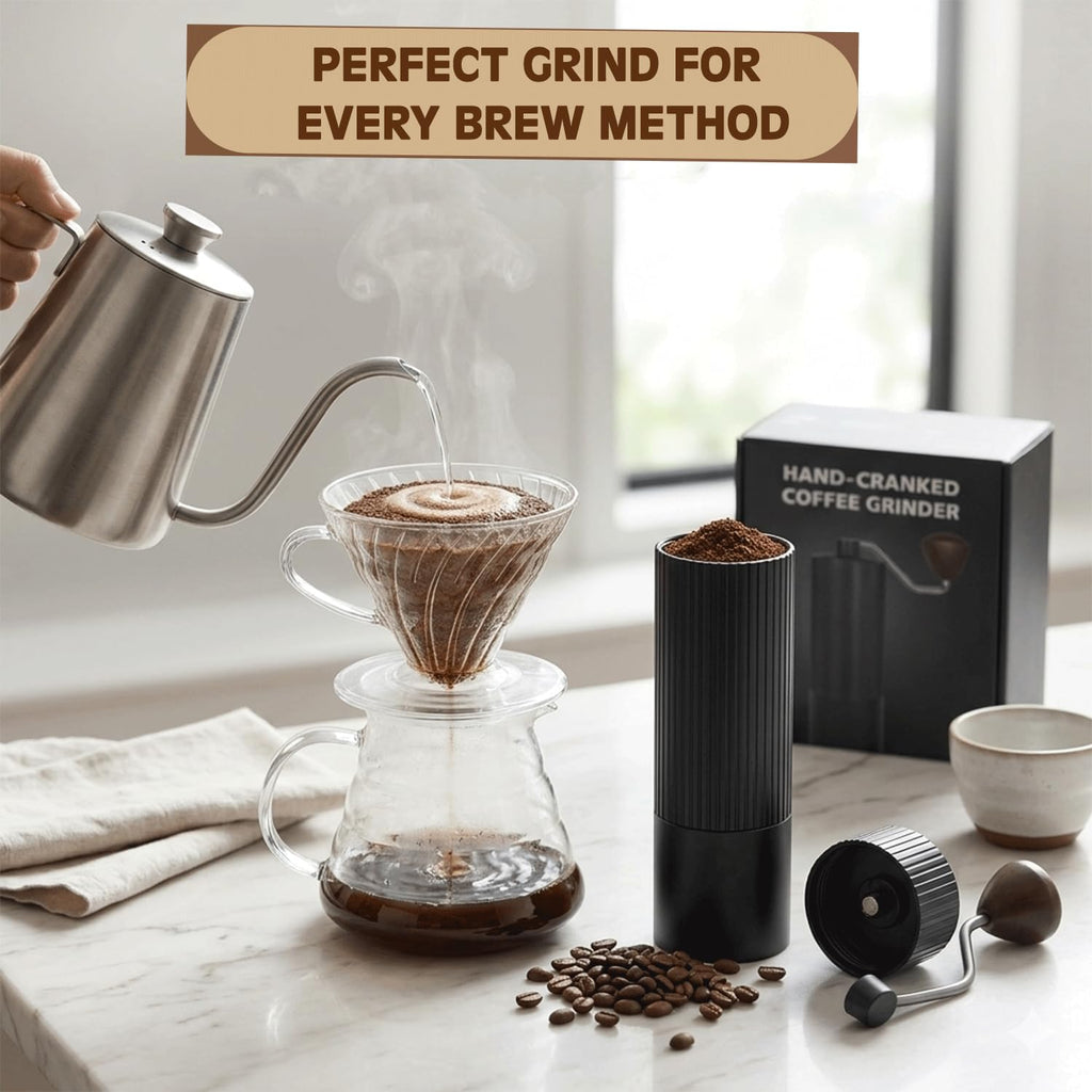 Manual Coffee Grinder with Strainer & Brush, Adjustable Stainless Steel Burr, 30g Hand Crank Coffee Mill, Aluminum Body & Walnut Handle C6901