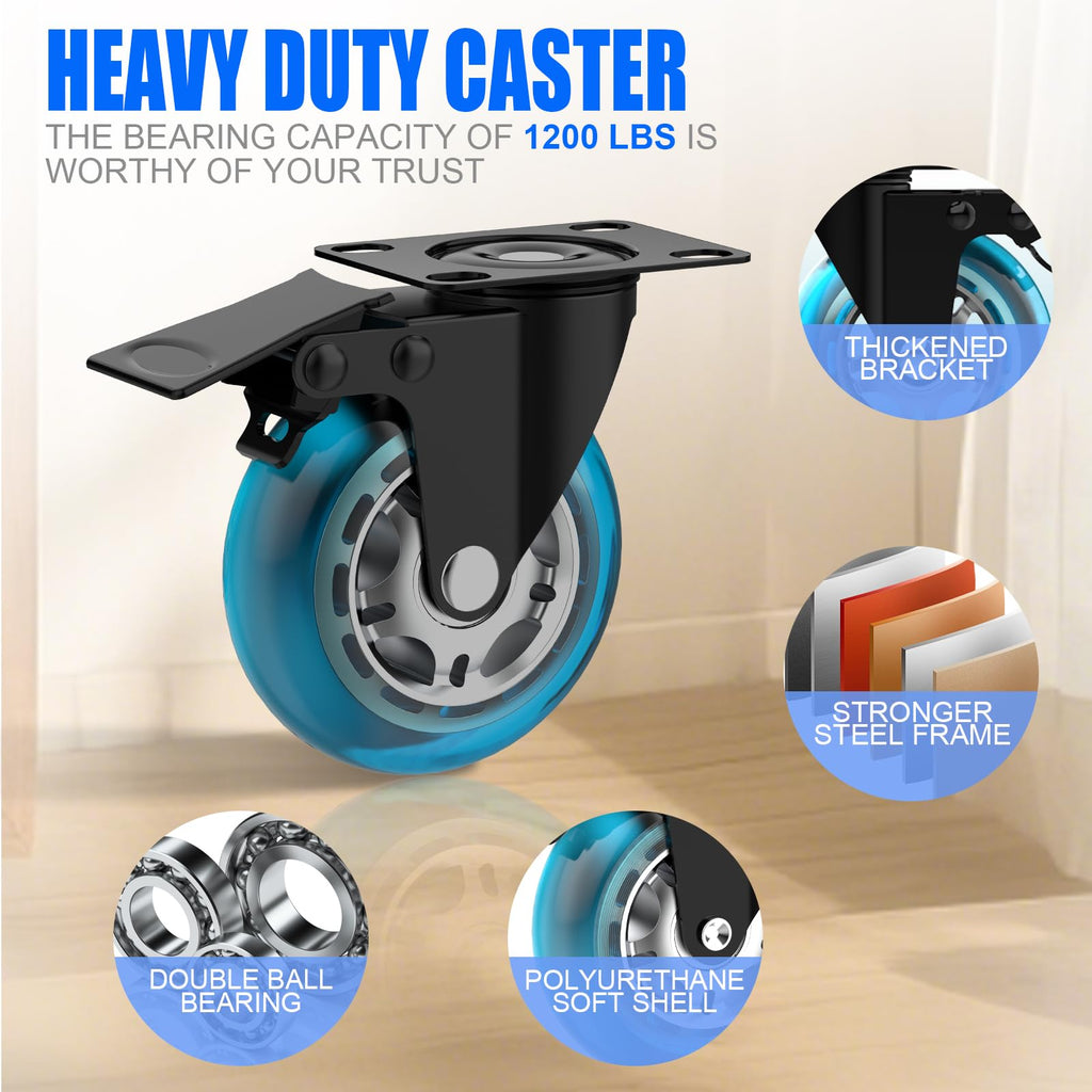 3 Inch Plate Casters Set of 4 Double Brake Heavy Duty N239265