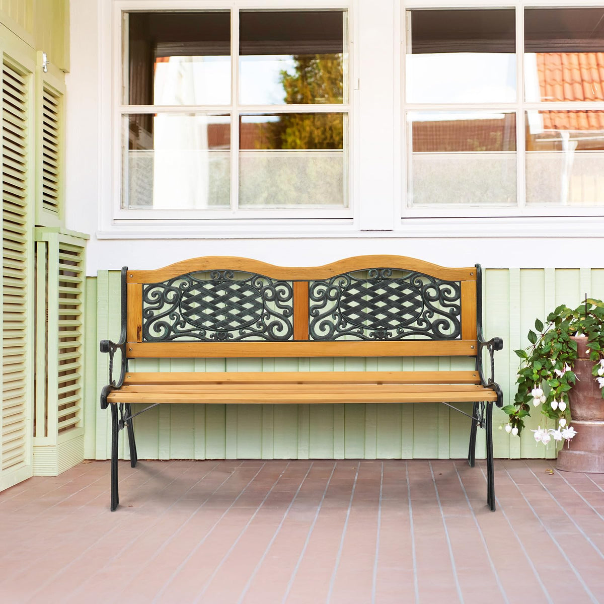 Cast Iron Teak Outdoor Bench 3-Seater Y162