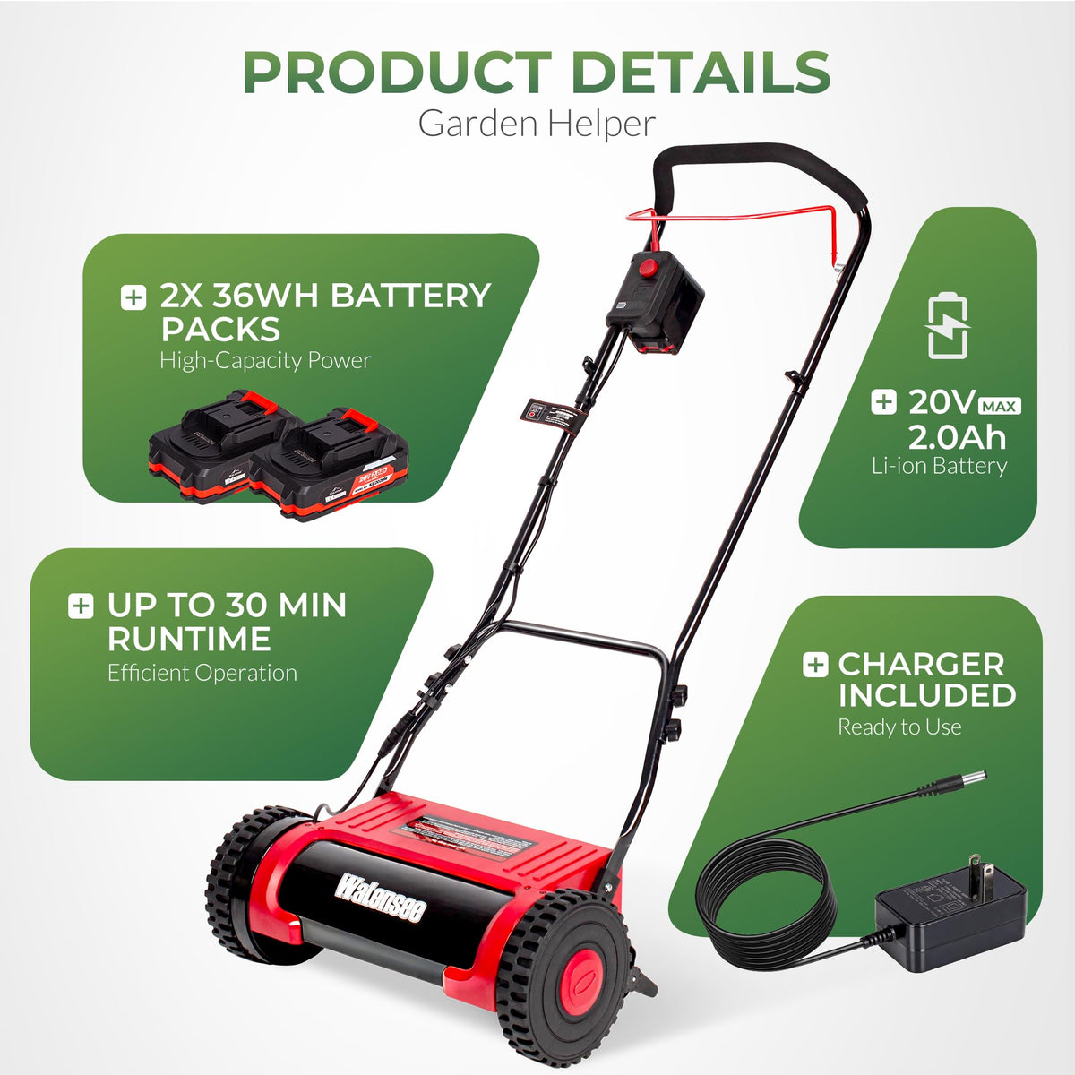16-Inch Cordless Electric Reel Lawn Mower with 2 Batteries D930646