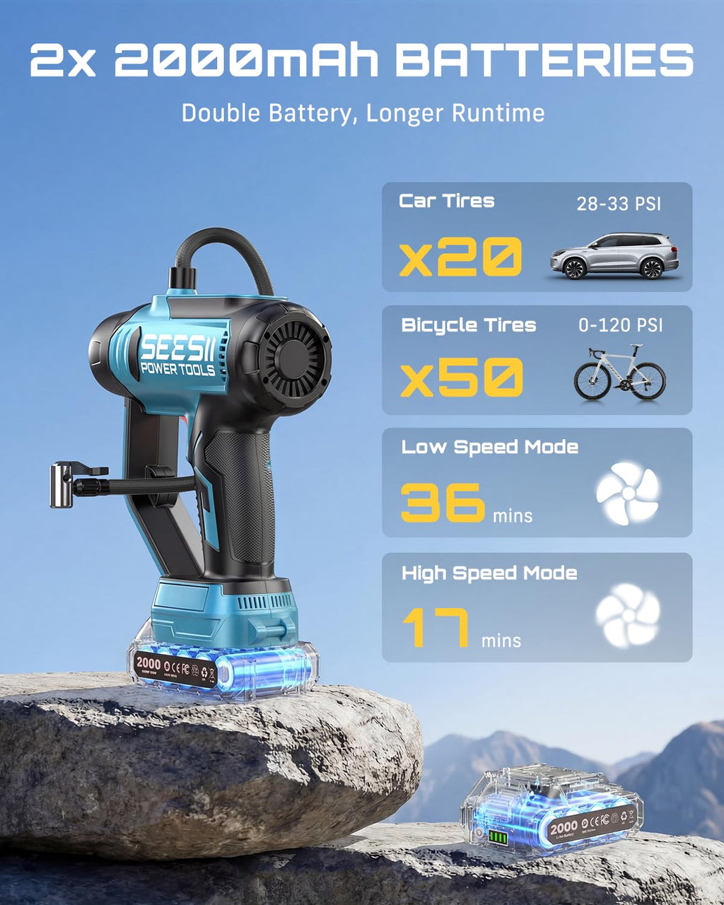 3-in-1 Cordless Tire Inflator Air Compressor Car Vacuum & LED Light T6254
