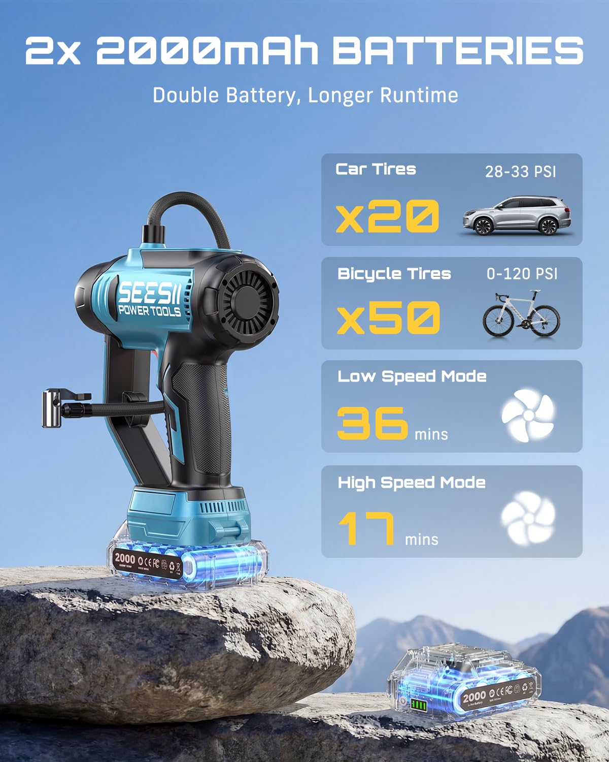 3-in-1 Cordless Tire Inflator Air Compressor Car Vacuum & LED Light T6254