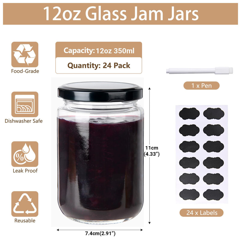24Pack 12oz Clear Glass Jars with Lids E9015