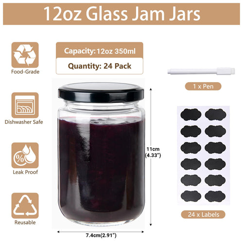 24Pack 12oz Clear Glass Jars with Lids E9015