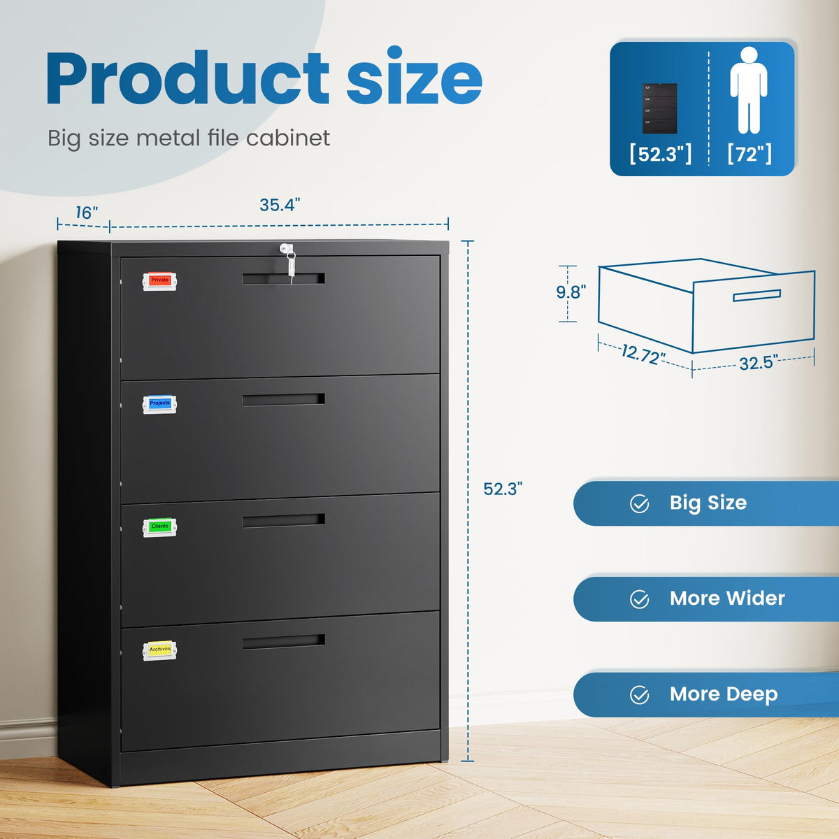 4 Drawer File Cabinet with Lock, Black V1563