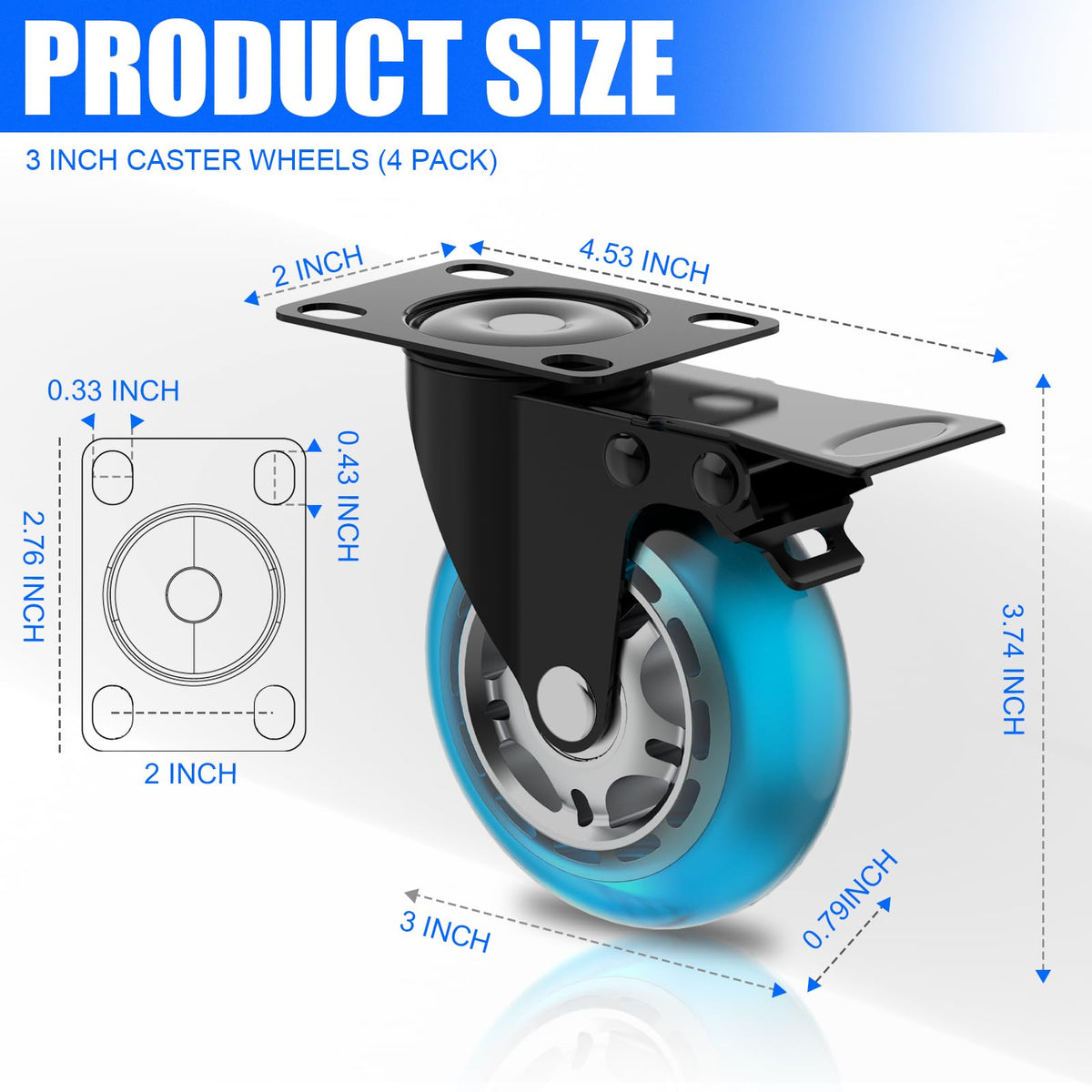 3 Inch Plate Casters Set of 4 Double Brake Heavy Duty N239265