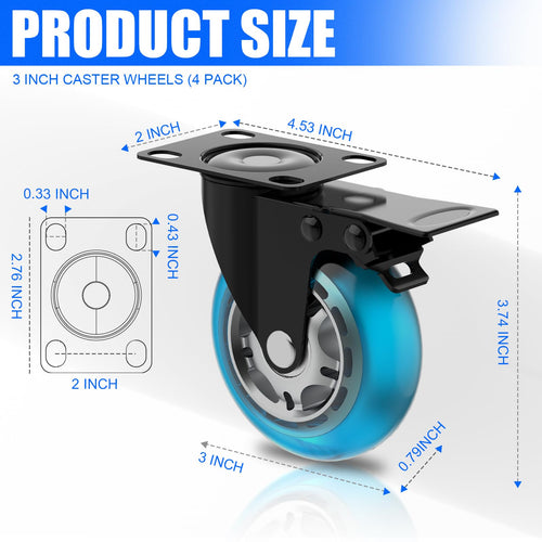 3 Inch Plate Casters Set of 4 Double Brake Heavy Duty N239265