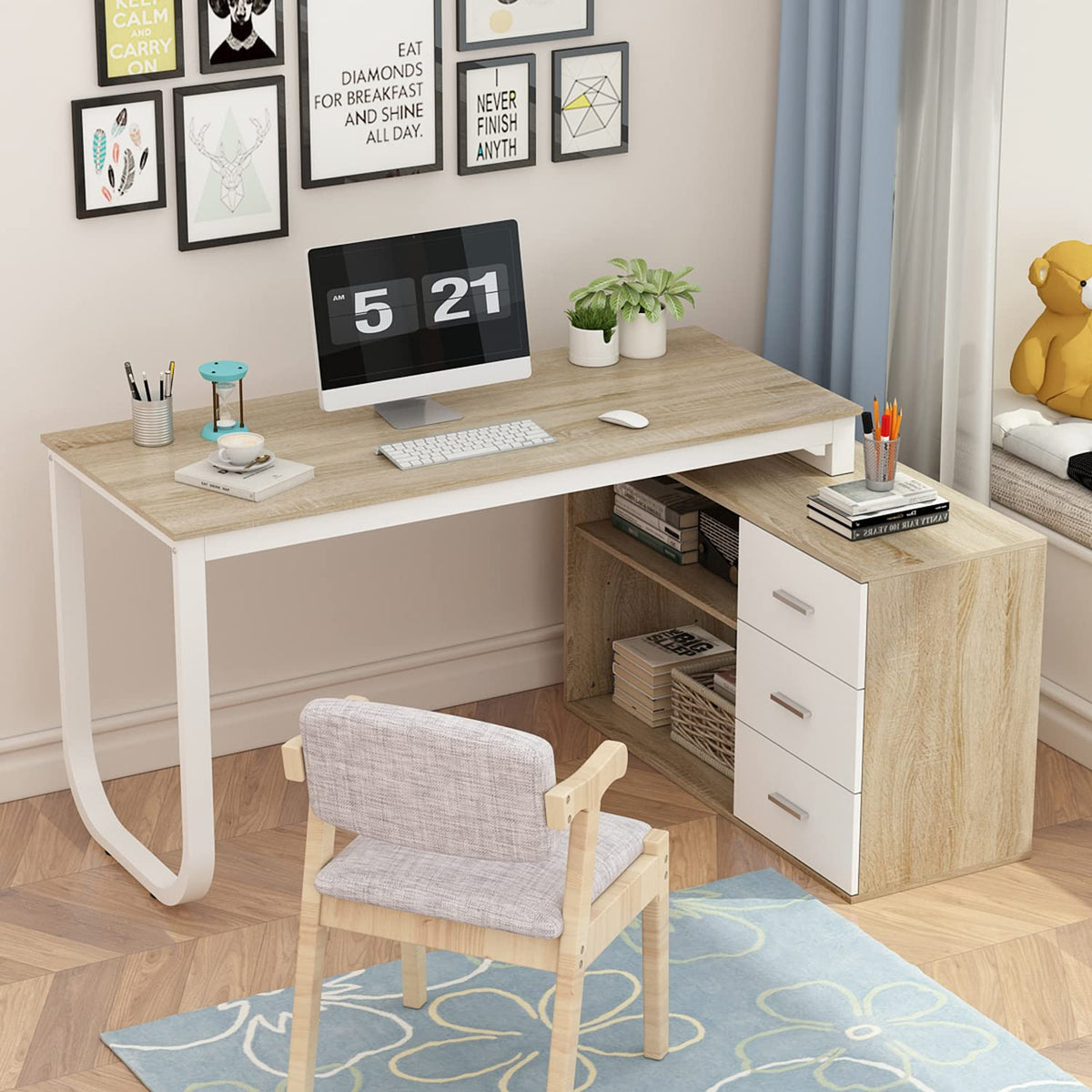 54 Inch Walnut and White L-Shaped Corner Desk with 3 Drawers and 2 Shelves B187