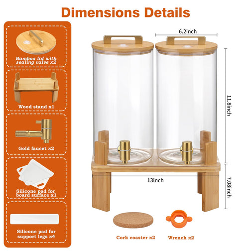 1.5 Gallon 2 Pack Glass Beverage Dispenser with Wood Stand and Spigot Y625