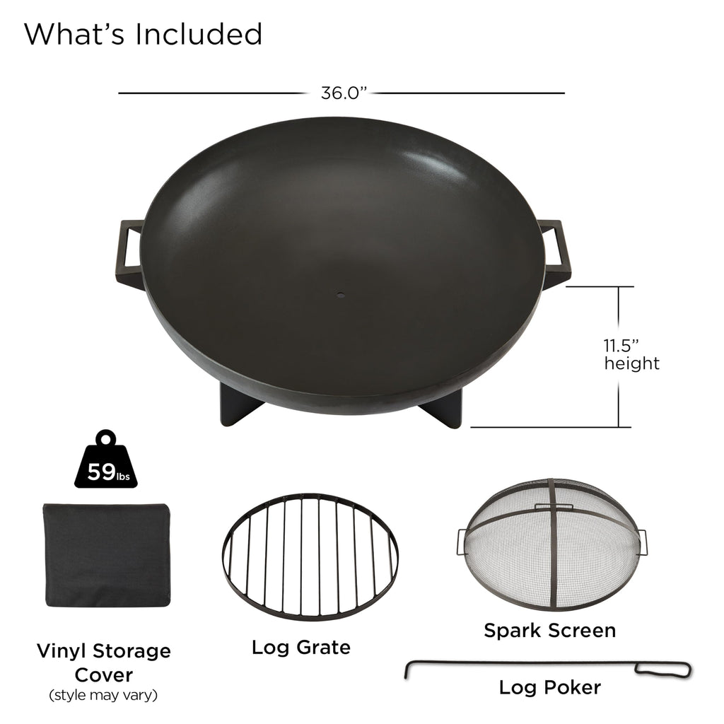36” Round Wood Burning Steel Fire Pit with Spark Screen, Poker, Log Grate and Storage Cover Q868054