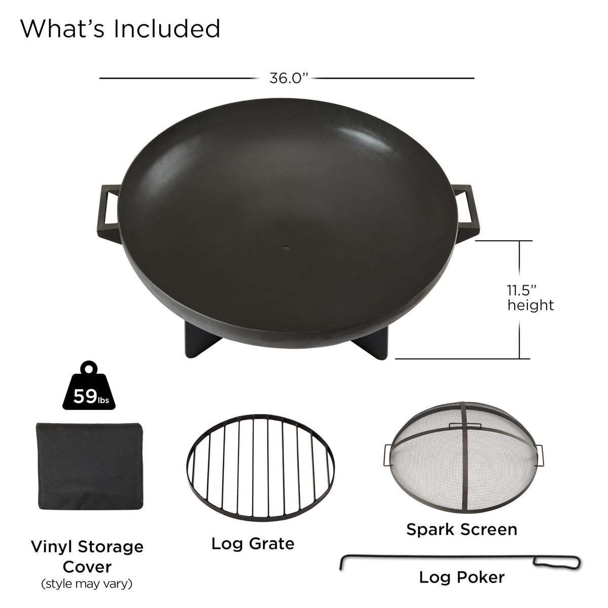 36” Round Wood Burning Steel Fire Pit with Spark Screen, Poker, Log Grate and Storage Cover Q868054