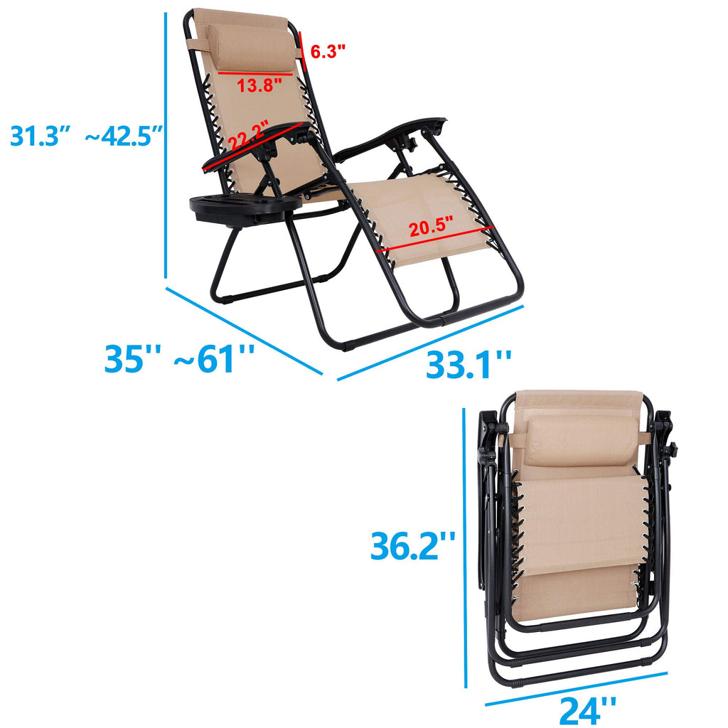 Zero Gravity Chair Set of 2 Folding Recliner with Cup Holder Tray and Pillow Q213