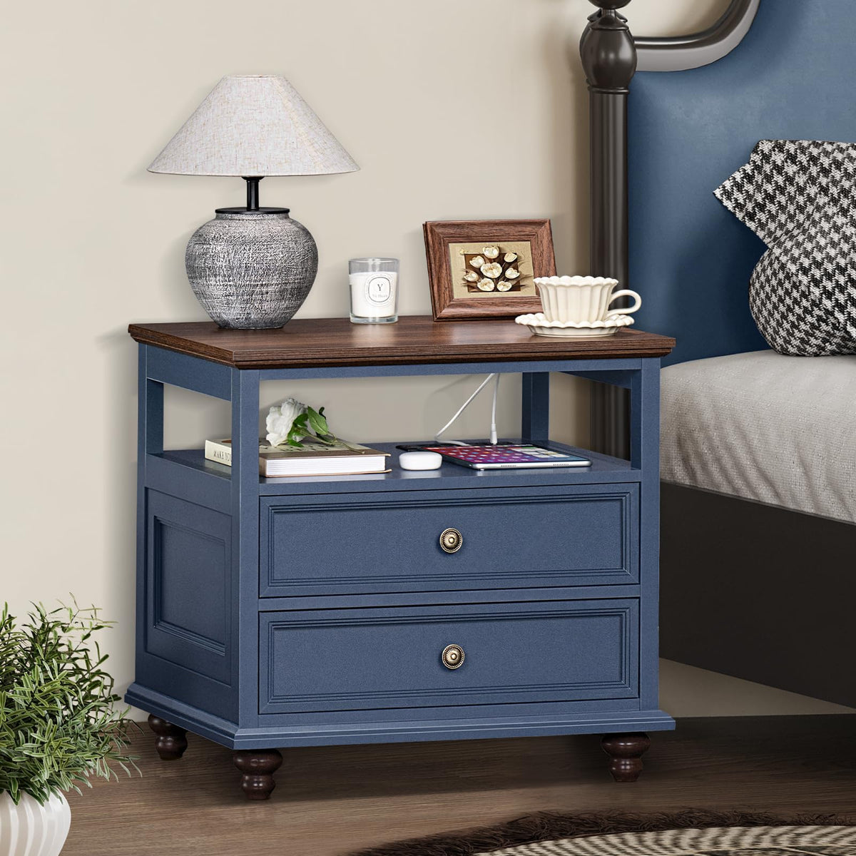 Blue 2 Drawer Wood Nightstand C27591