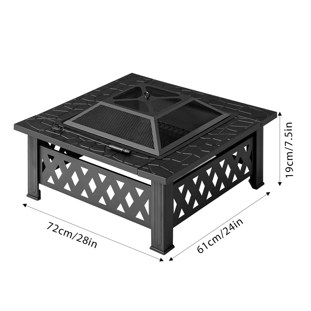32 Inch Square Wood Burning Fire Pit Table with Spark Screen Lid and Fire Poker R170