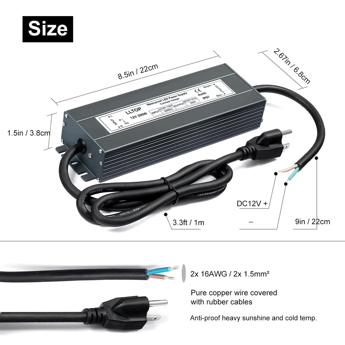 12V DC Waterproof IP67 Power Supply 200W 16.7A P779